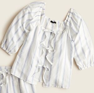 J. Crew Tie Front Cotton Linen Beach Top Striped Balloon Sleeve White Medium M